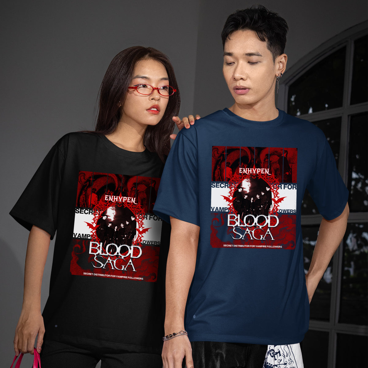 ENHYPEN Blood Saga Red Poster T-Shirt - Couple view, Y2K kpop concert tee