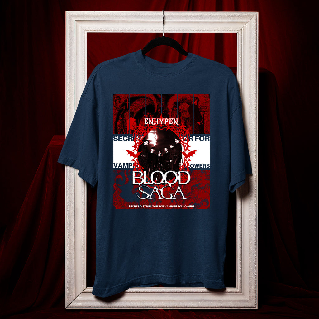 ENHYPEN Blood Saga Red Poster T-Shirt - Hang view, Y2K kpop concert tee