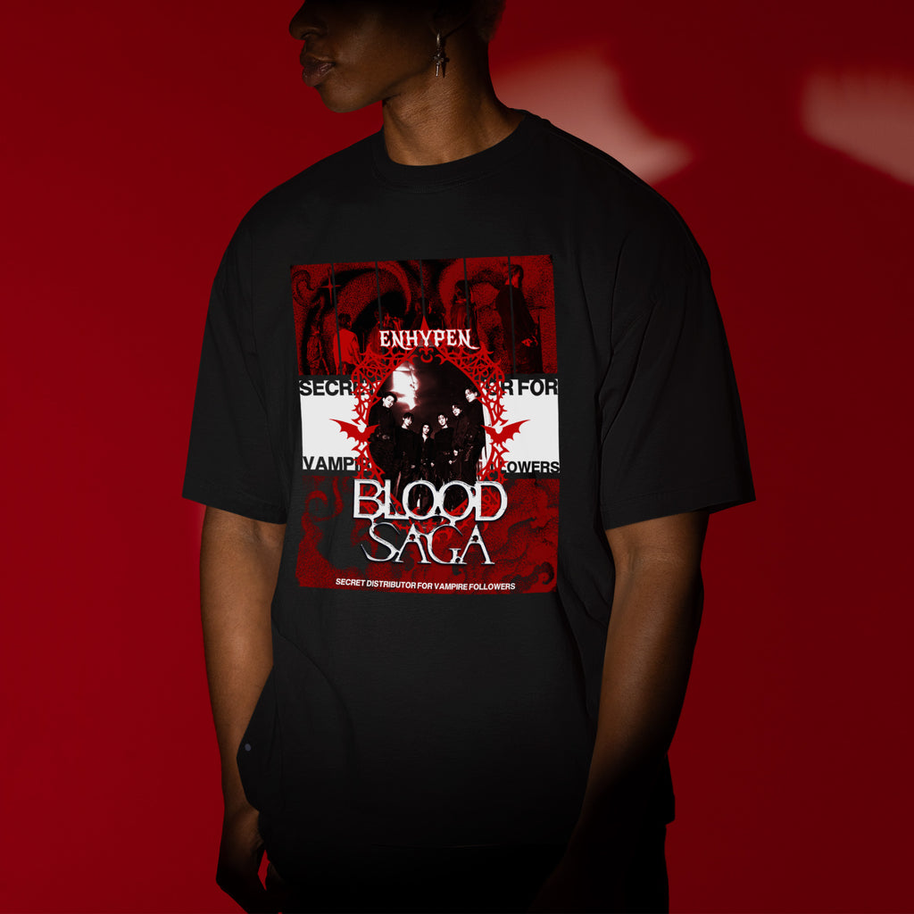 ENHYPEN Blood Saga Red Poster T-Shirt - Men view, Y2K kpop concert tee