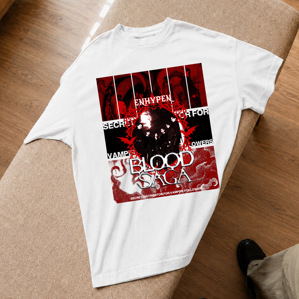 ENHYPEN Blood Saga Red Poster T-Shirt - Spread view, Y2K kpop concert tee