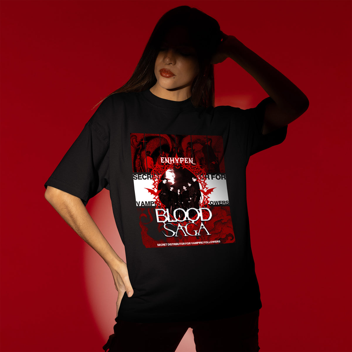 ENHYPEN Blood Saga Red Poster T-Shirt - Women view, Y2K kpop concert tee