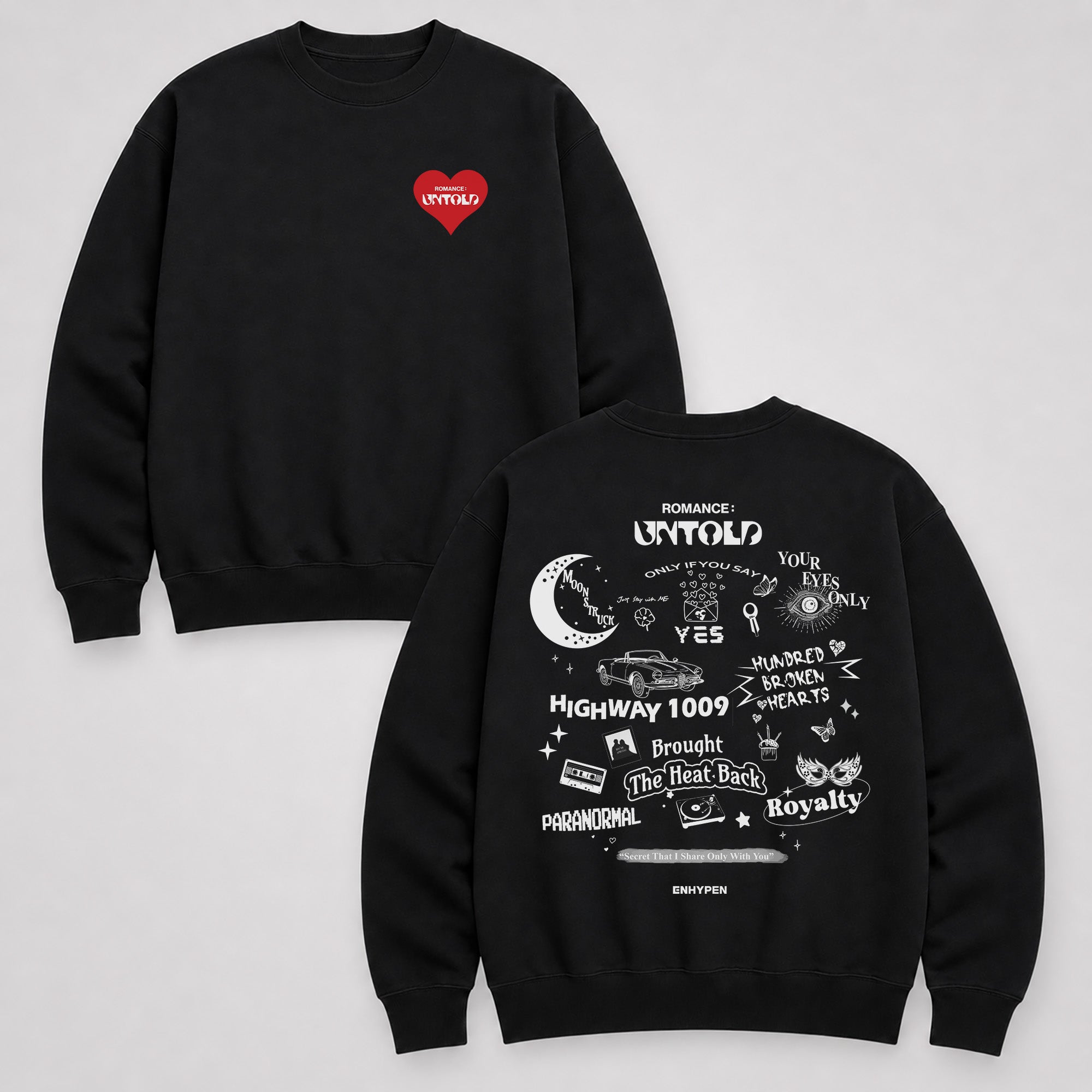 ENHYPEN Romance Untold Album Tracklist Sweatshirt - Main view, Y2K kpop concert sweatshirt