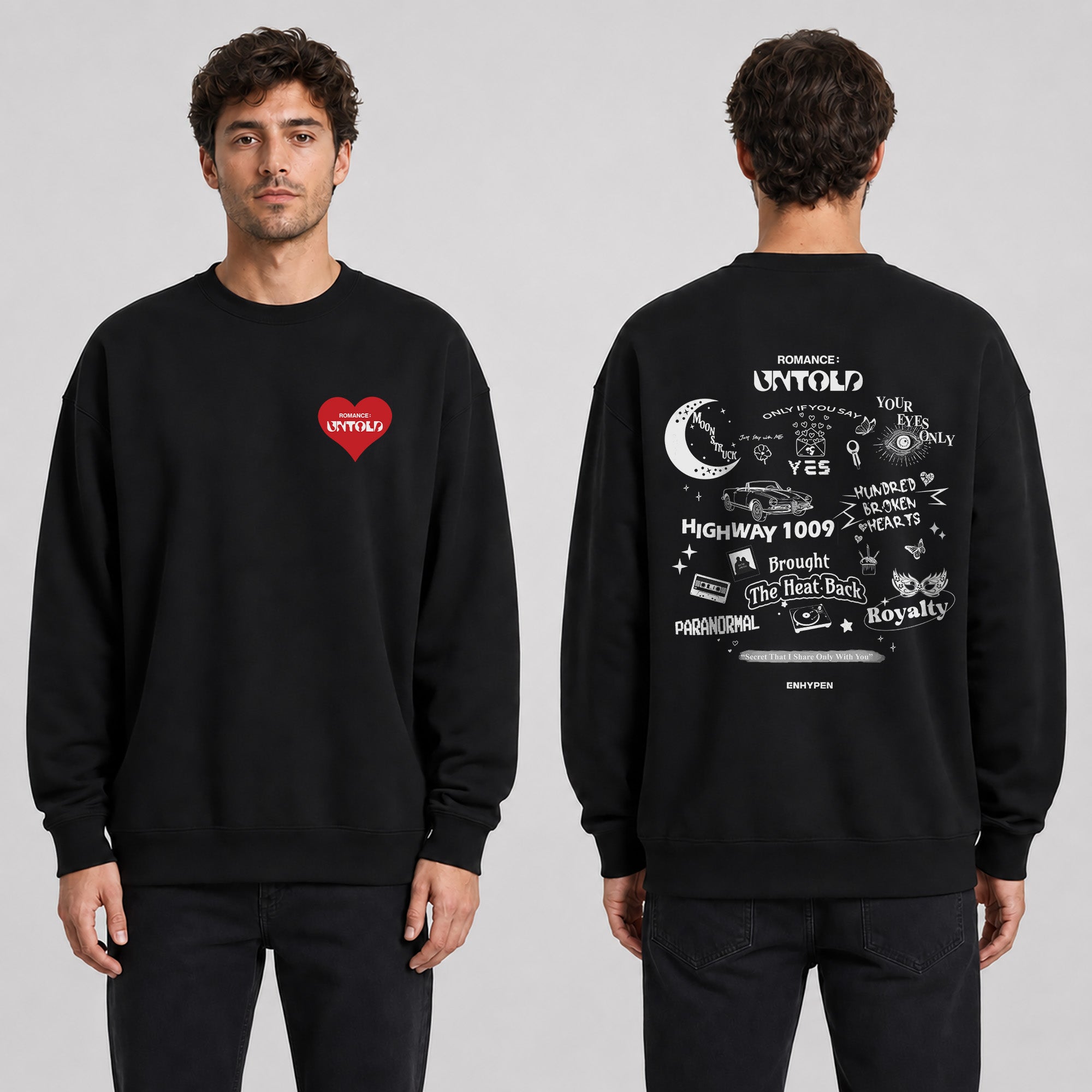 ENHYPEN Romance Untold Album Tracklist Sweatshirt - Men view, Y2K kpop concert sweatshirt