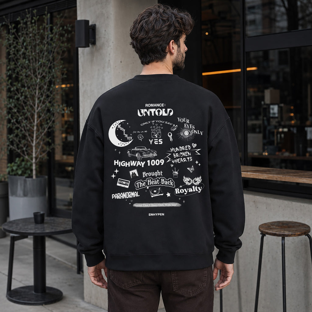 ENHYPEN Romance Untold Album Tracklist Sweatshirt - Men Back view, Y2K kpop concert sweatshirt