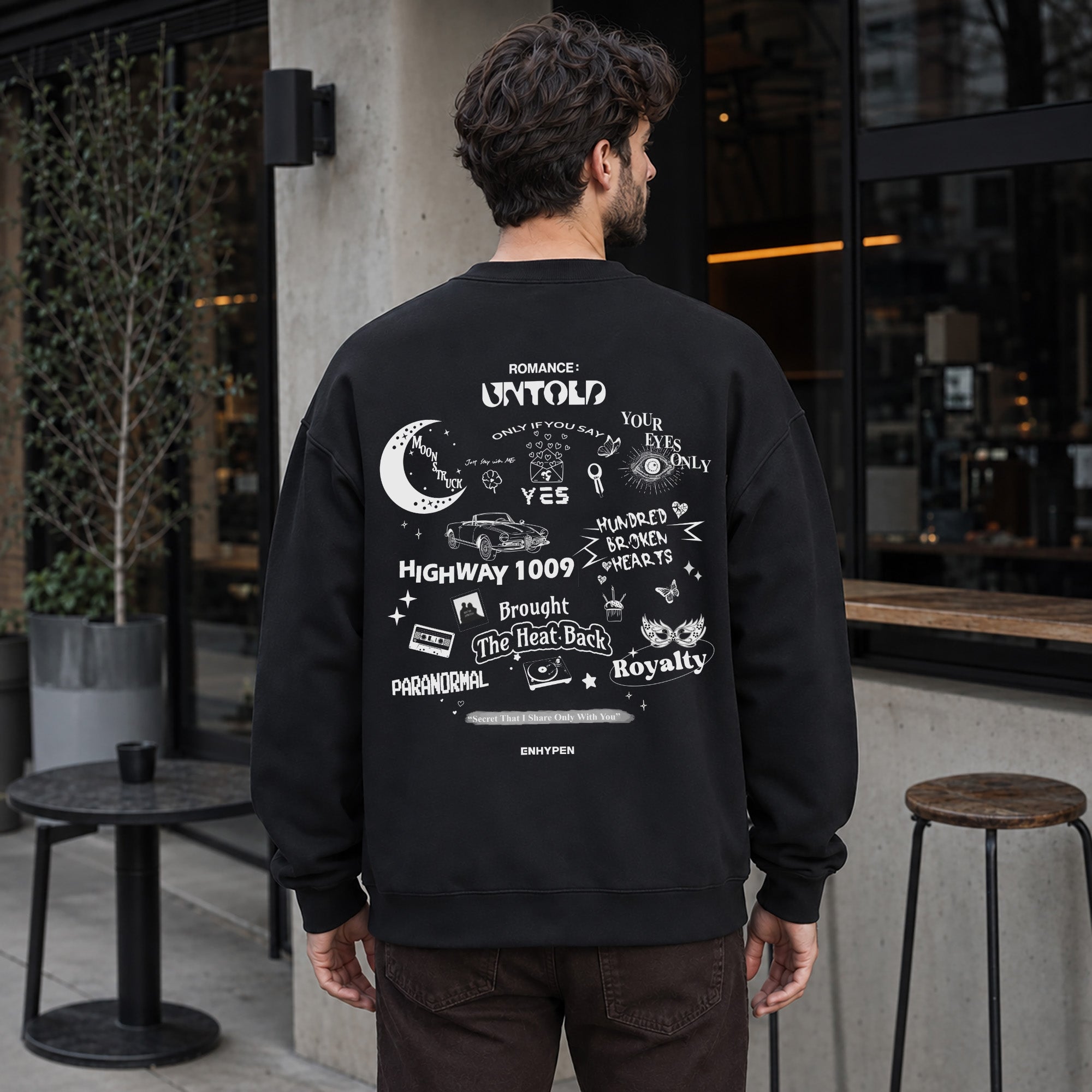 ENHYPEN Romance Untold Album Tracklist Sweatshirt - Men Back view, Y2K kpop concert sweatshirt