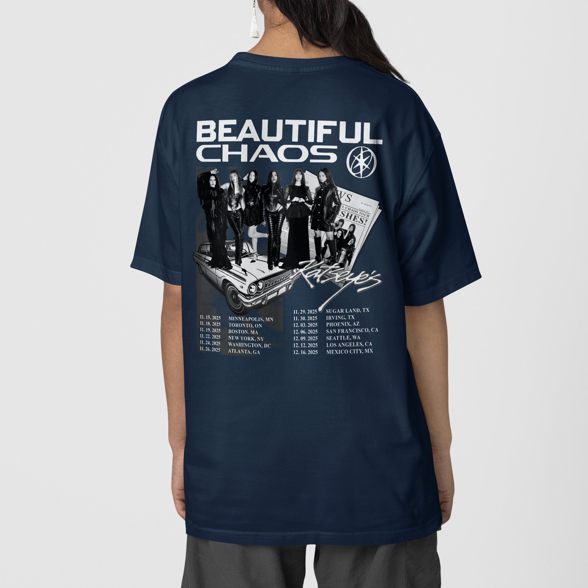KATSEYE Graphic Beautiful Chaos in US T-Shirt - Back view, Y2K kpop concert tee
