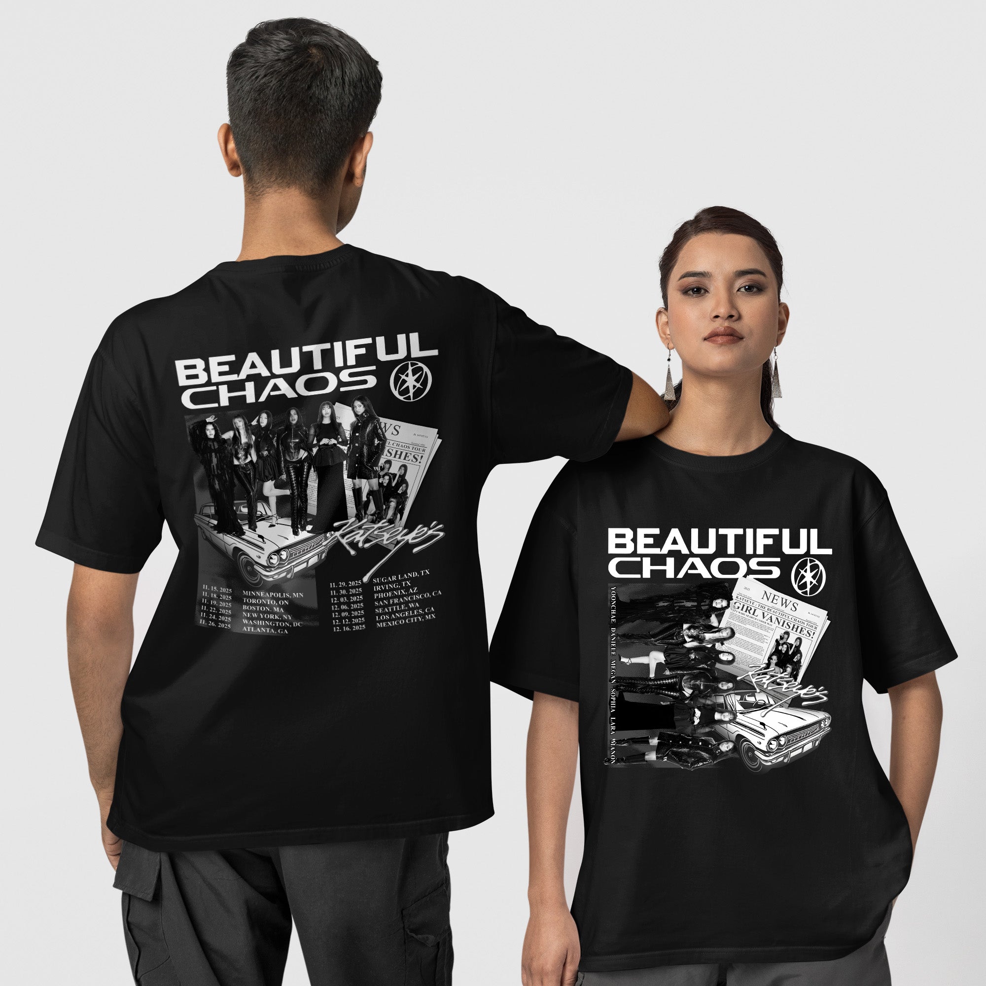 KATSEYE Graphic Beautiful Chaos in US T-Shirt - Couple 1 view, Y2K kpop concert tee