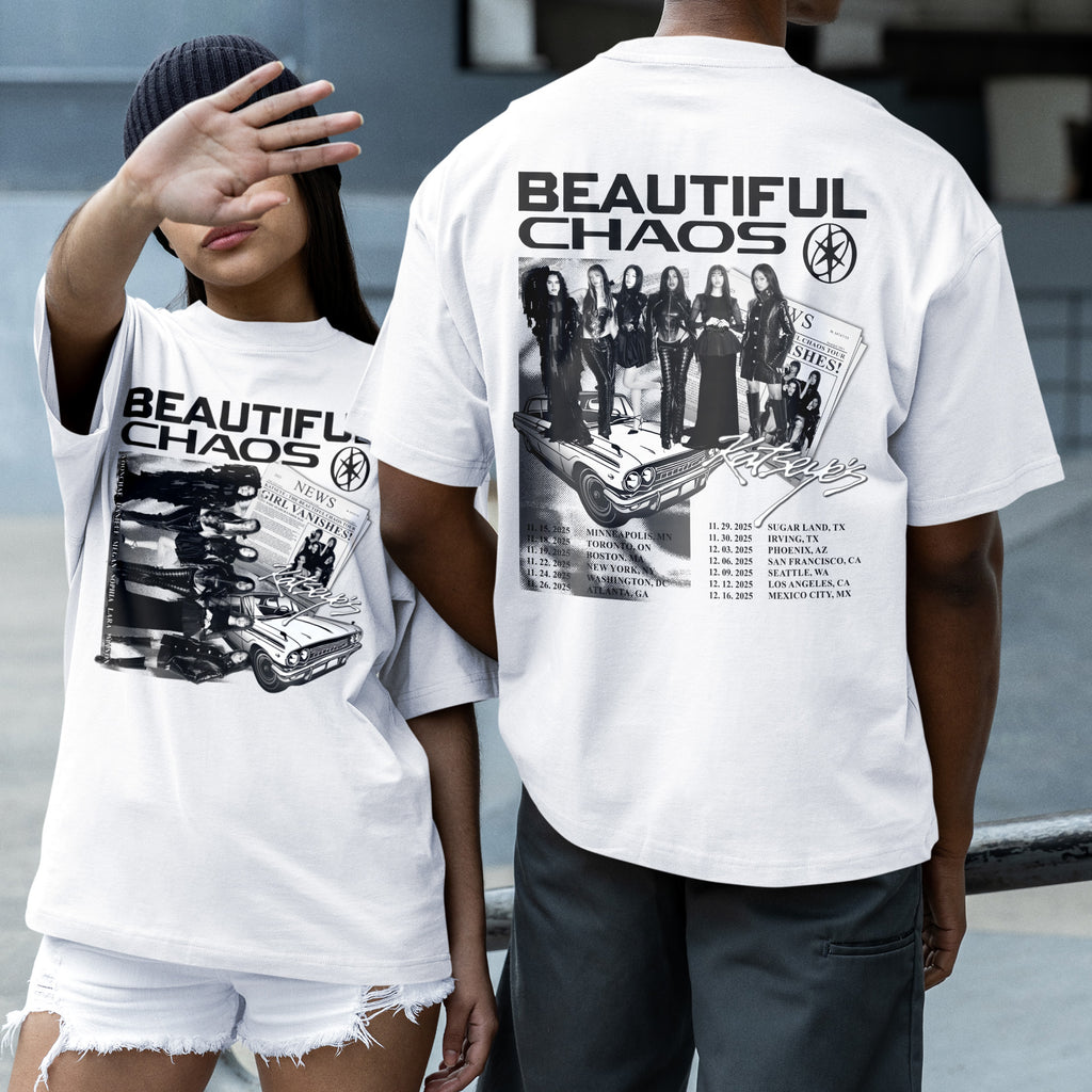 KATSEYE Graphic Beautiful Chaos in US T-Shirt - Couple 2 view, Y2K kpop concert tee
