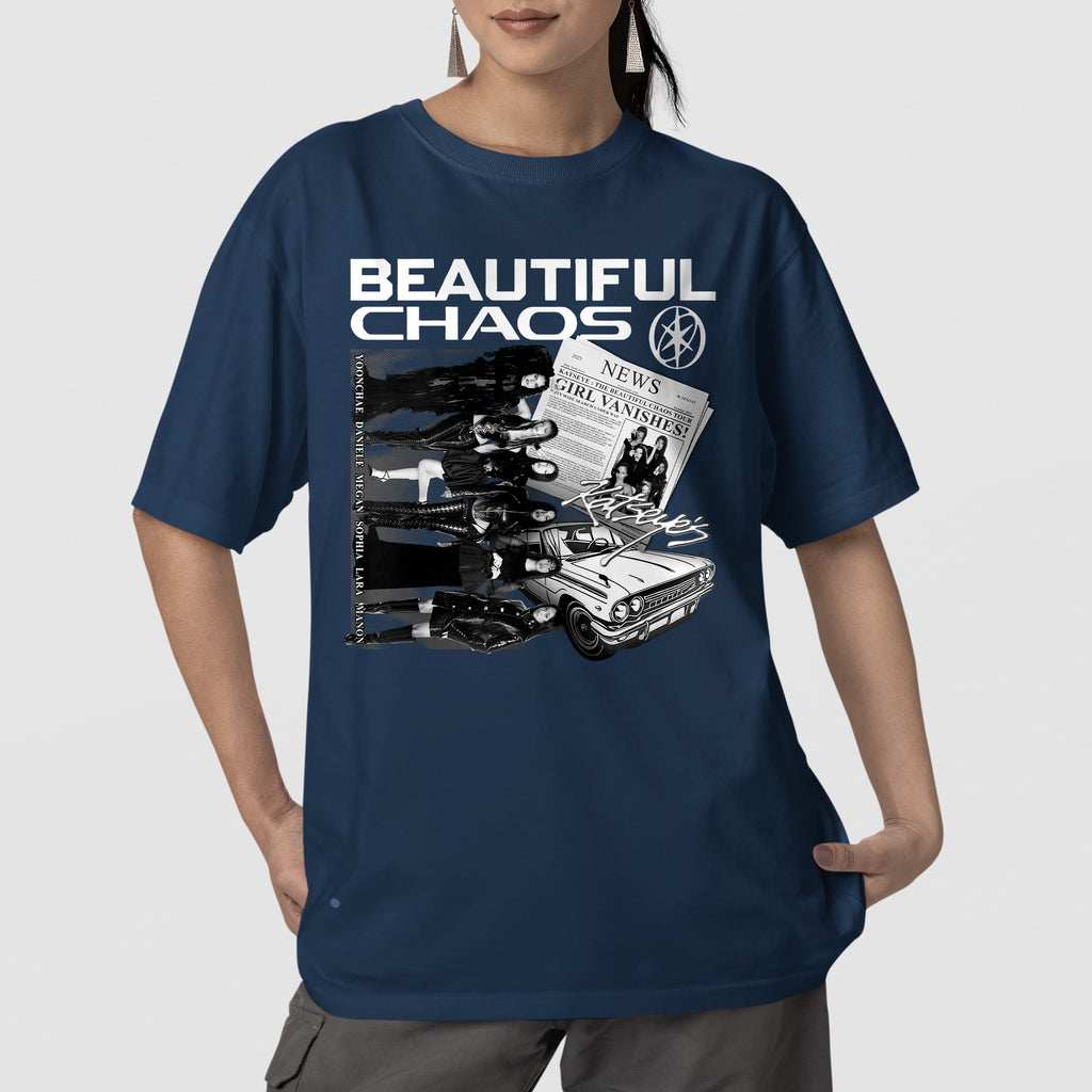 KATSEYE Graphic Beautiful Chaos in US T-Shirt - Front view, Y2K kpop concert tee