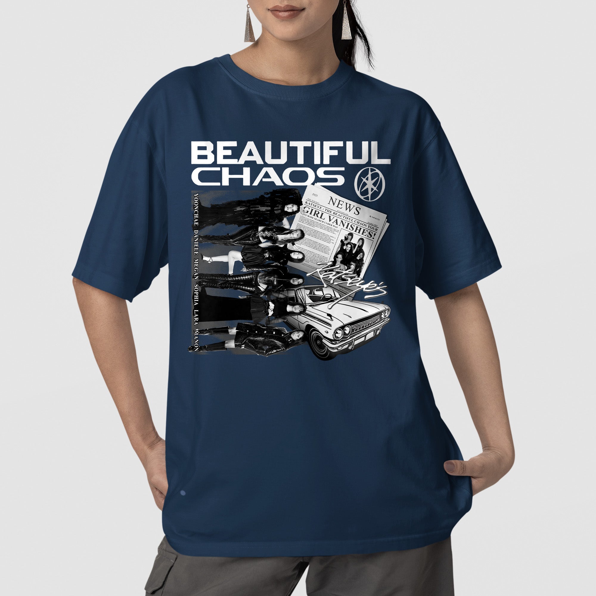 KATSEYE Graphic Beautiful Chaos in US T-Shirt - Front view, Y2K kpop concert tee