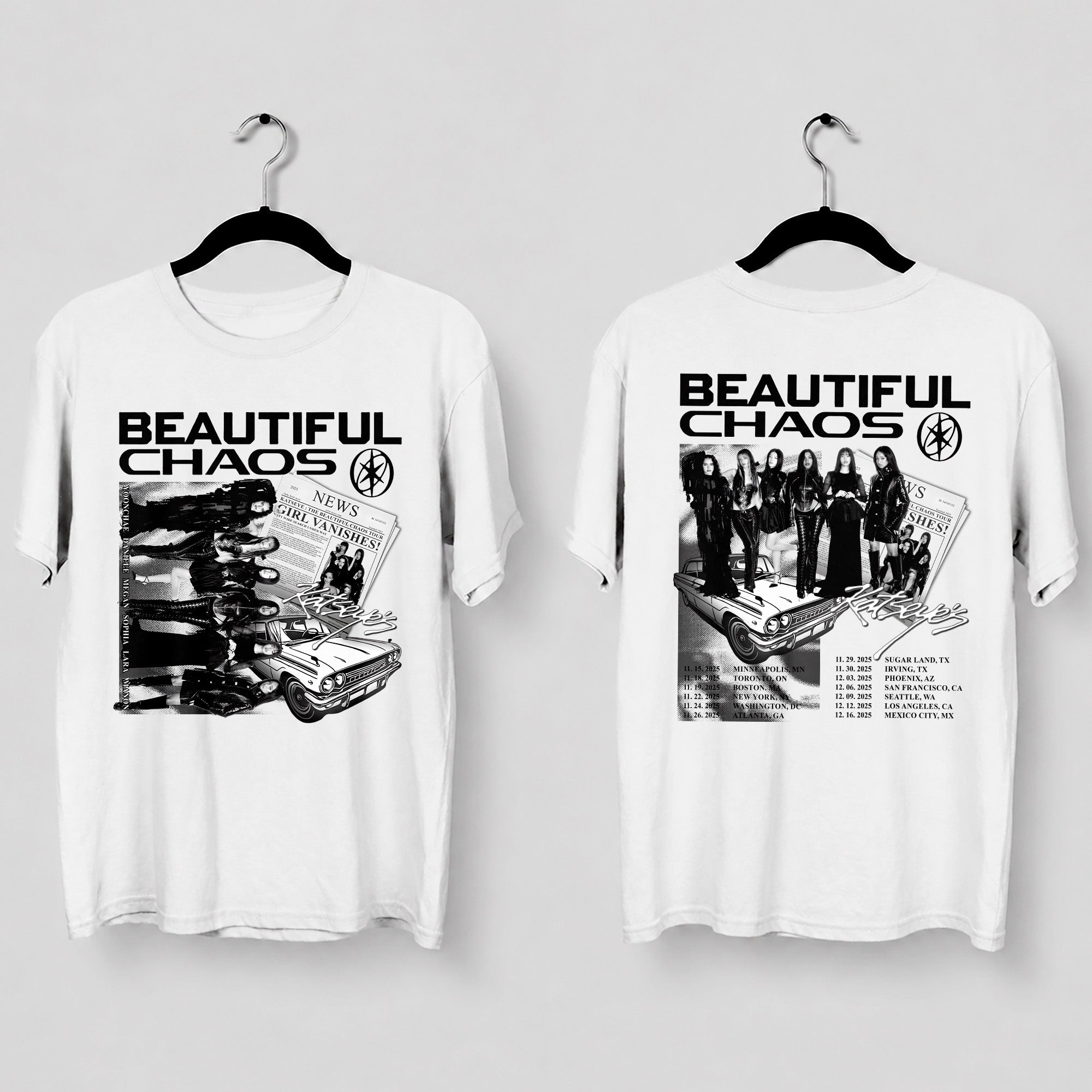 KATSEYE Graphic Beautiful Chaos in US T-Shirt - Main view, Y2K kpop concert tee