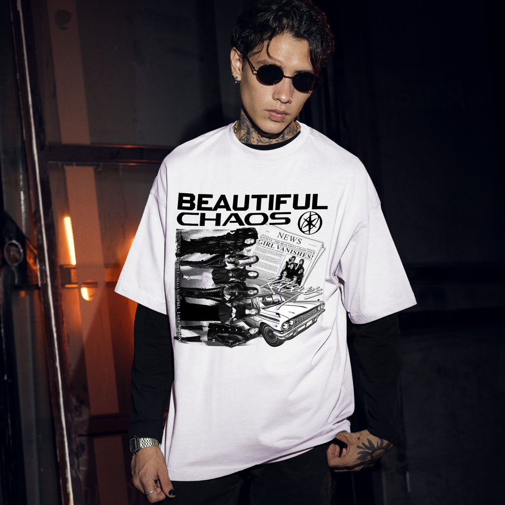 KATSEYE Graphic Beautiful Chaos in US T-Shirt - Men Front view, Y2K kpop concert tee