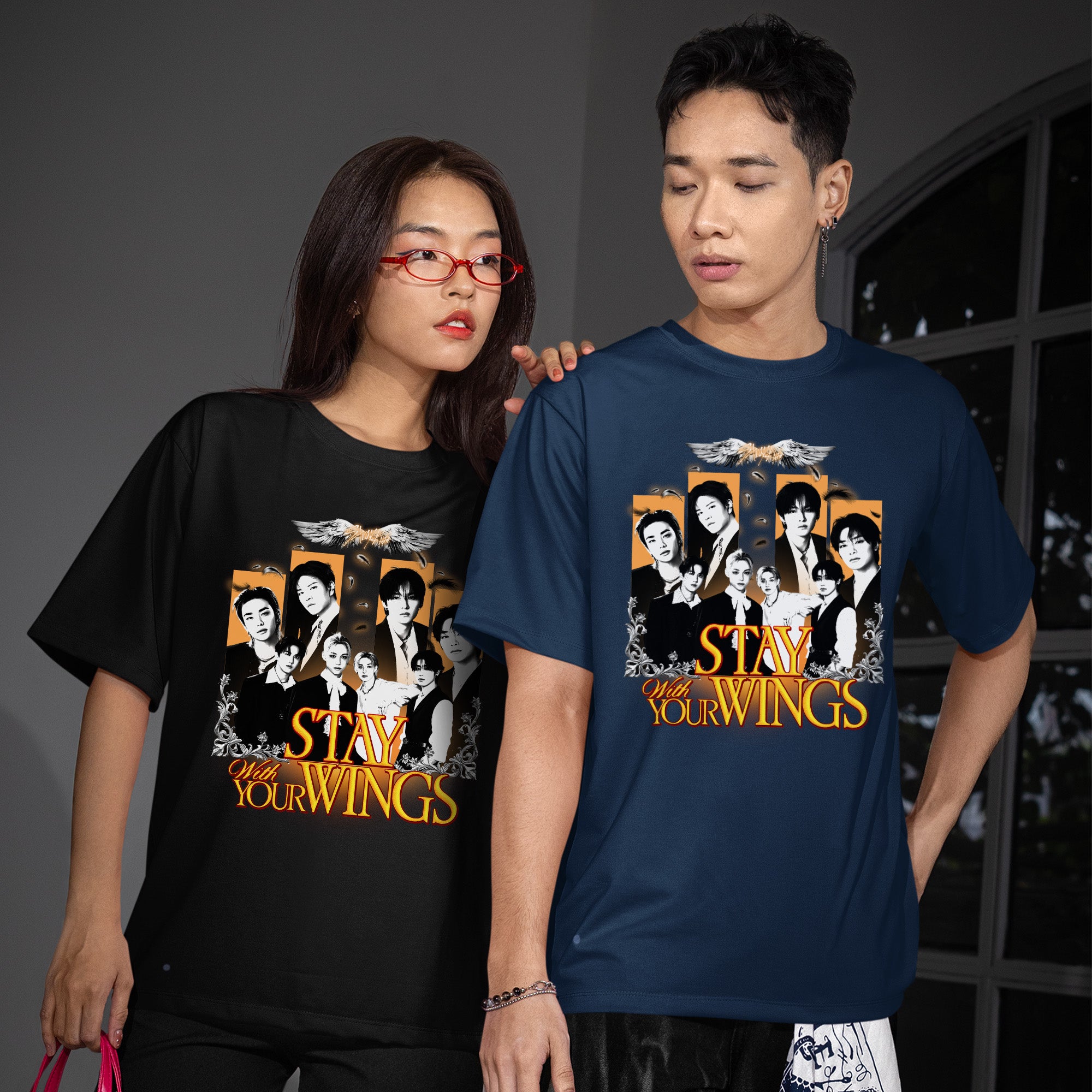 Stray Kids Stay With Your Wings Graphic T-Shirt - Couple view, Y2K kpop concert tee