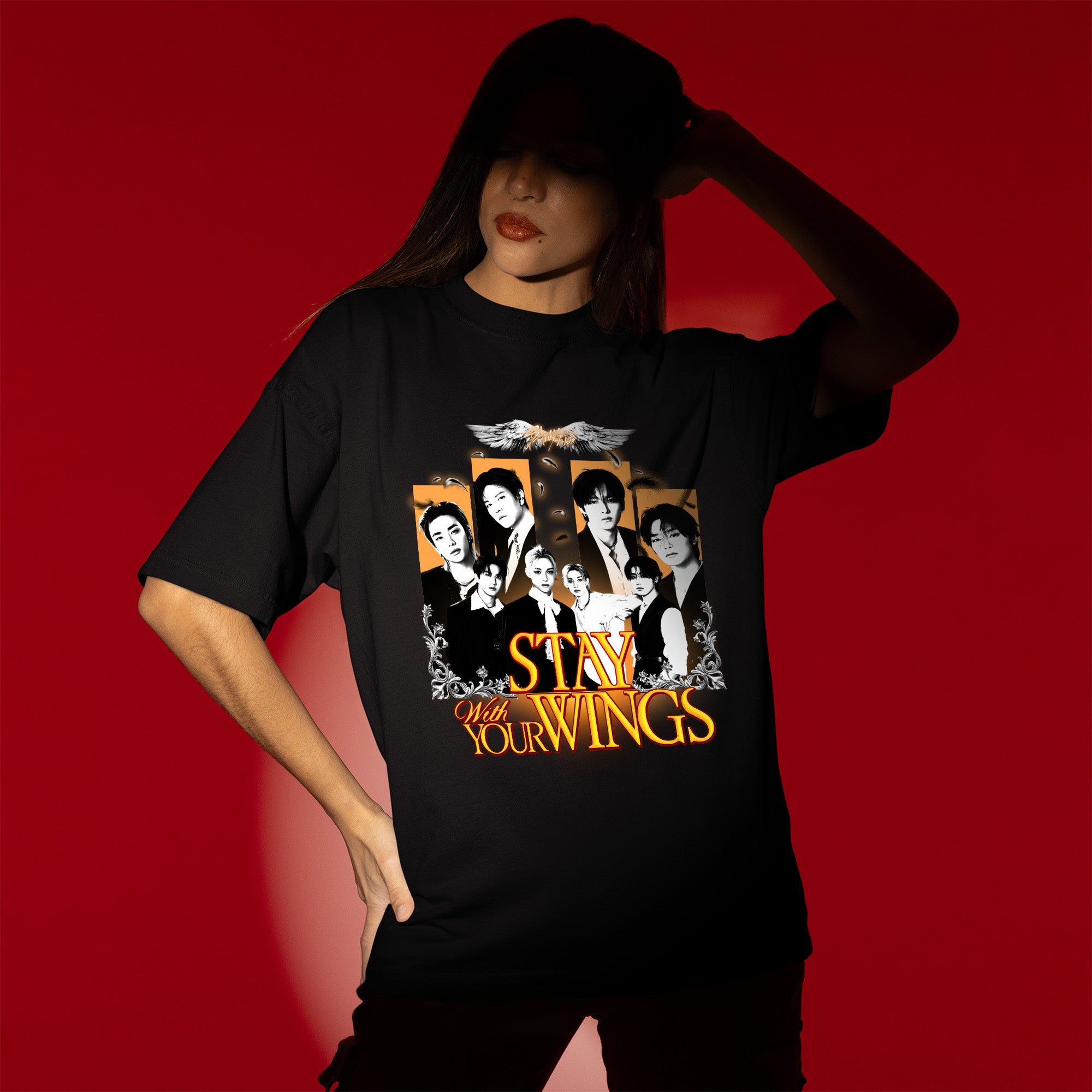 Stray Kids Stay With Your Wings Graphic T-Shirt - Women view, Y2K kpop concert tee