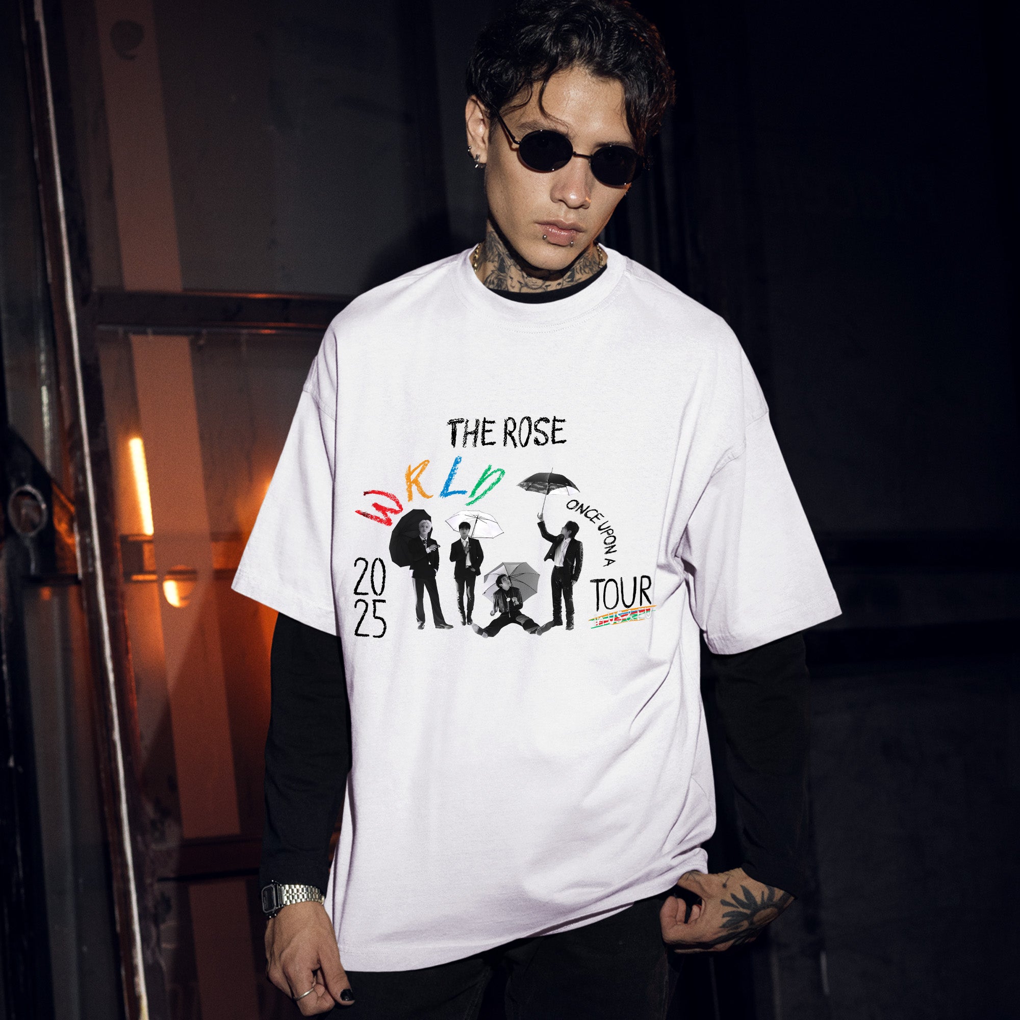 The Rose Once Upon A WRLD Tour T-Shirt - Men Front view, Y2K kpop concert tee