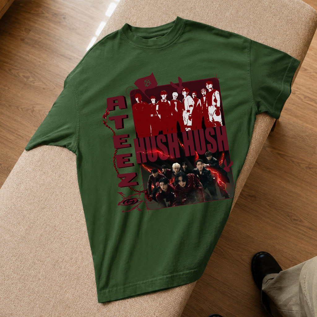 ATEEZ Hush Hush T-Shirt - Spread view, Y2K kpop concert tee