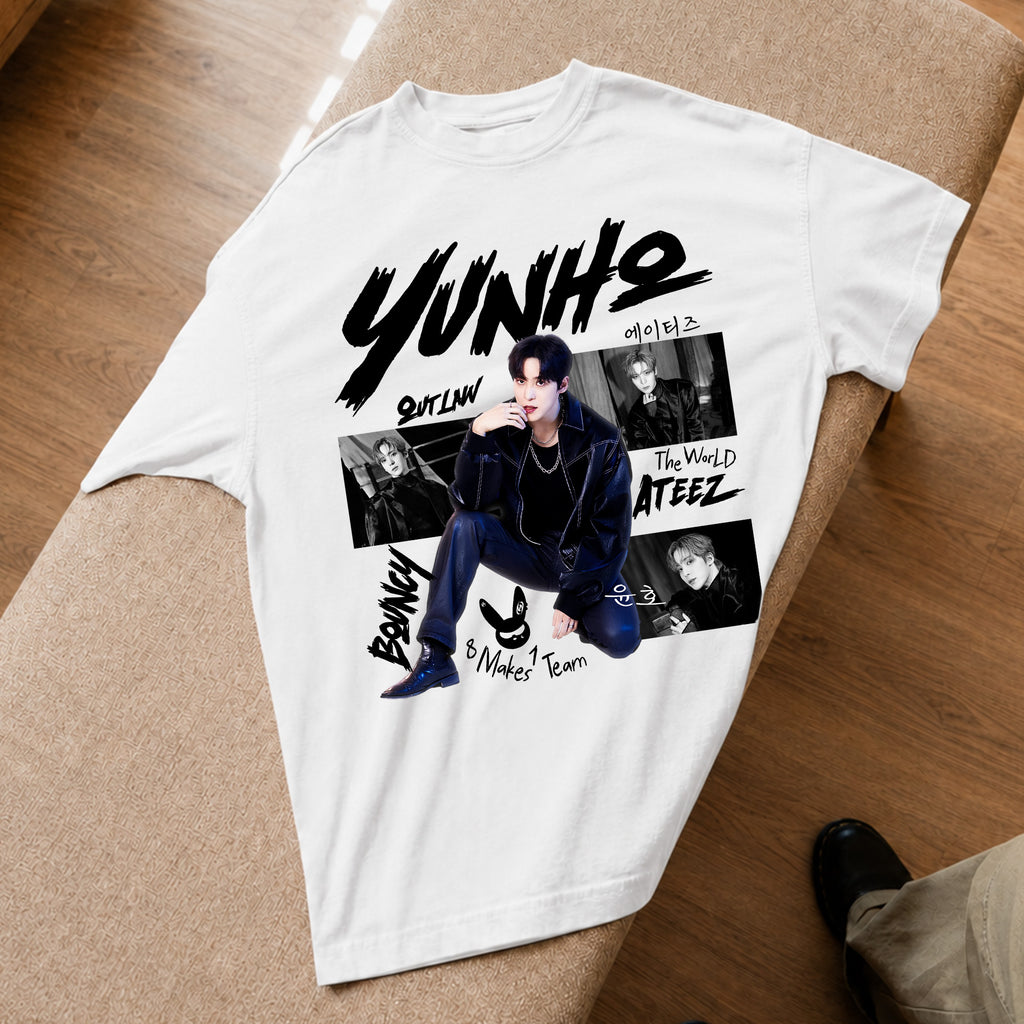 ATEEZ Graphic Yunho Member T-Shirt - Spread view, Y2K kpop concert tee