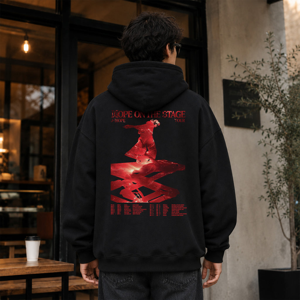 BTS J-Hope Hope On The Stage Fire Graphic Hoodie - Men Back view, Y2K kpop concert hoodie