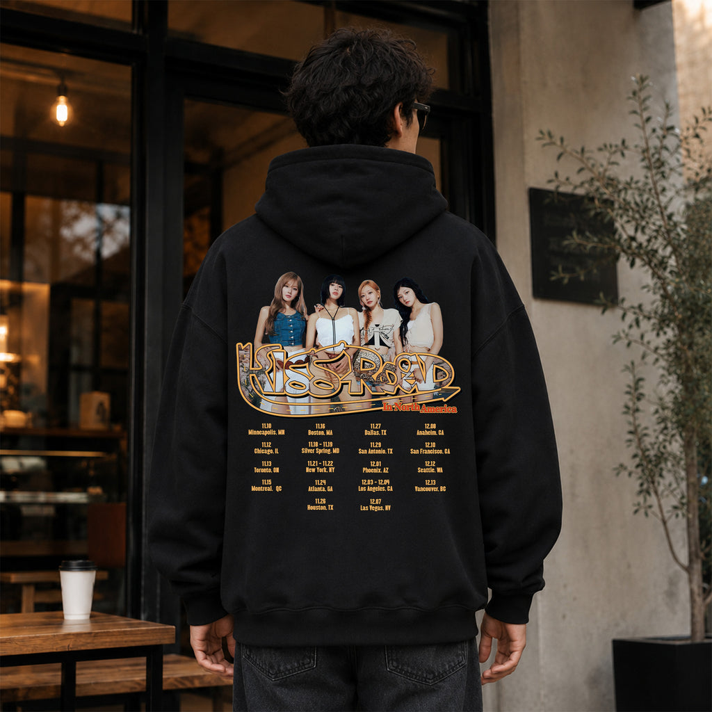 KISS OF LIFE 1st World Tour in North America Hoodie - Men Back view, Y2K kpop concert hoodie