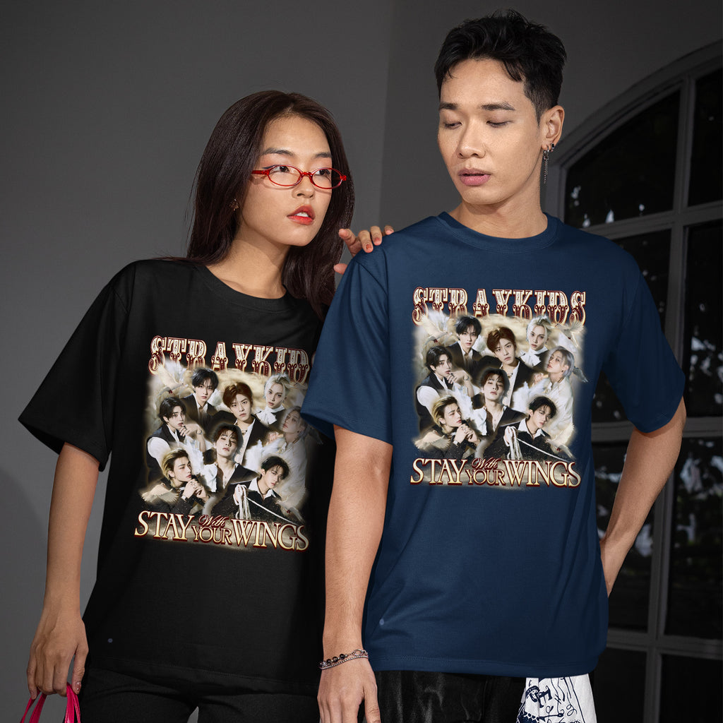 Stray Kids Stay With Your Wings T-Shirt - Couple view, Y2K kpop concert tee
