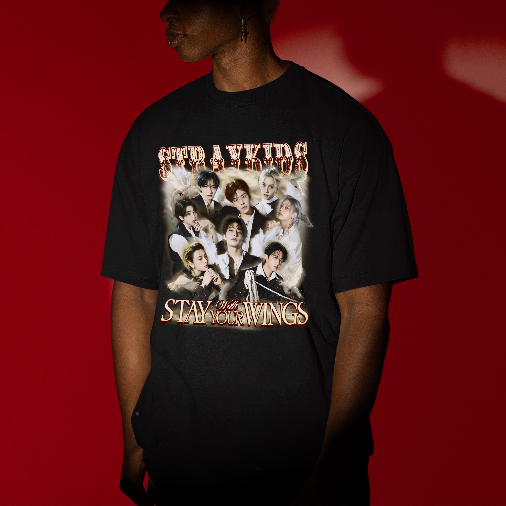 Stray Kids Stay With Your Wings T-Shirt - Men view, Y2K kpop concert tee