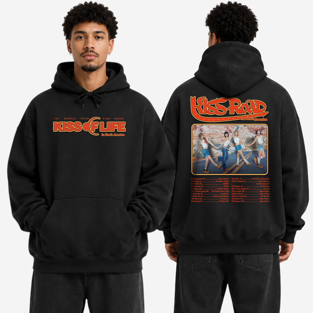 KISS OF LIFE World Tour Kiss Road In US Hoodie - Men view, Y2K kpop concert hoodie