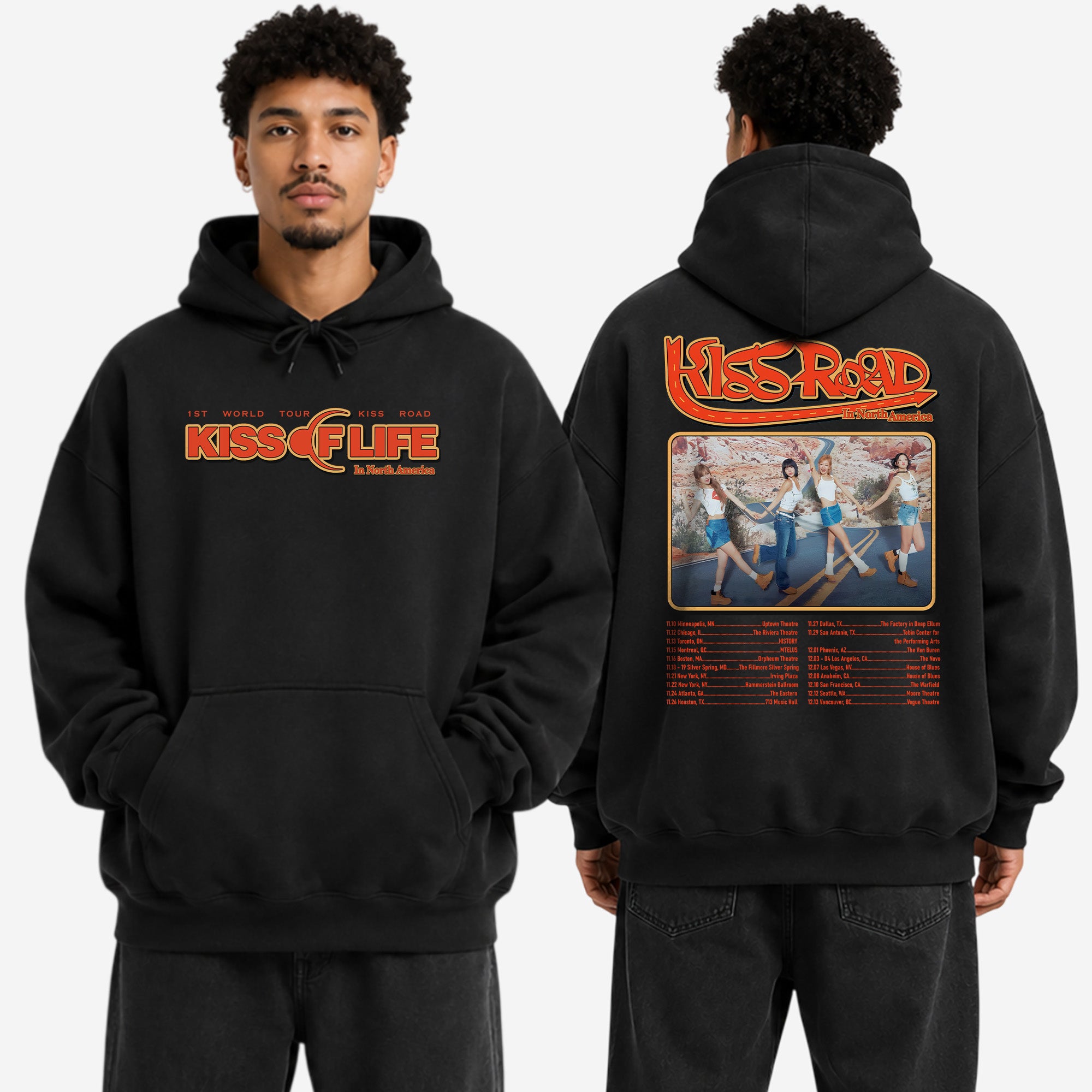 KISS OF LIFE World Tour Kiss Road In US Hoodie - Men view, Y2K kpop concert hoodie