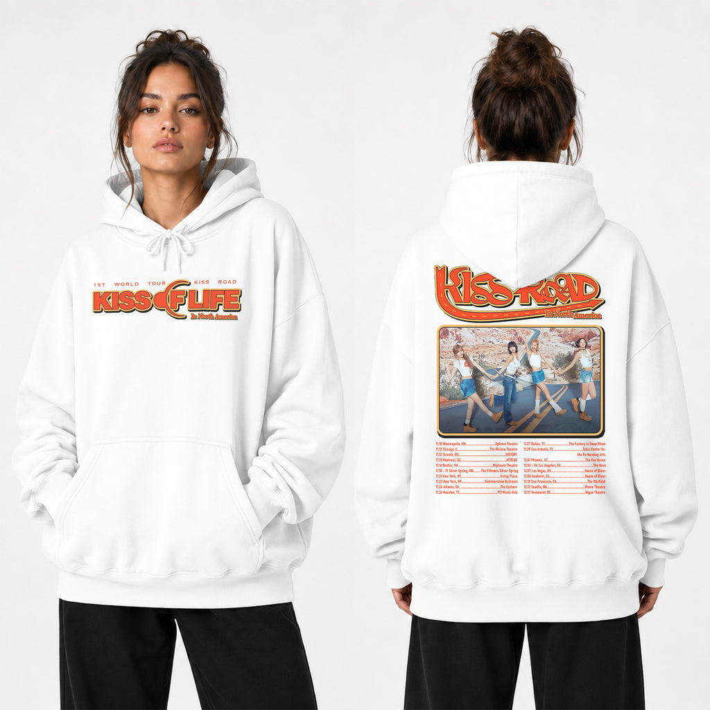 KISS OF LIFE World Tour Kiss Road In US Hoodie - Women view, Y2K kpop concert hoodie