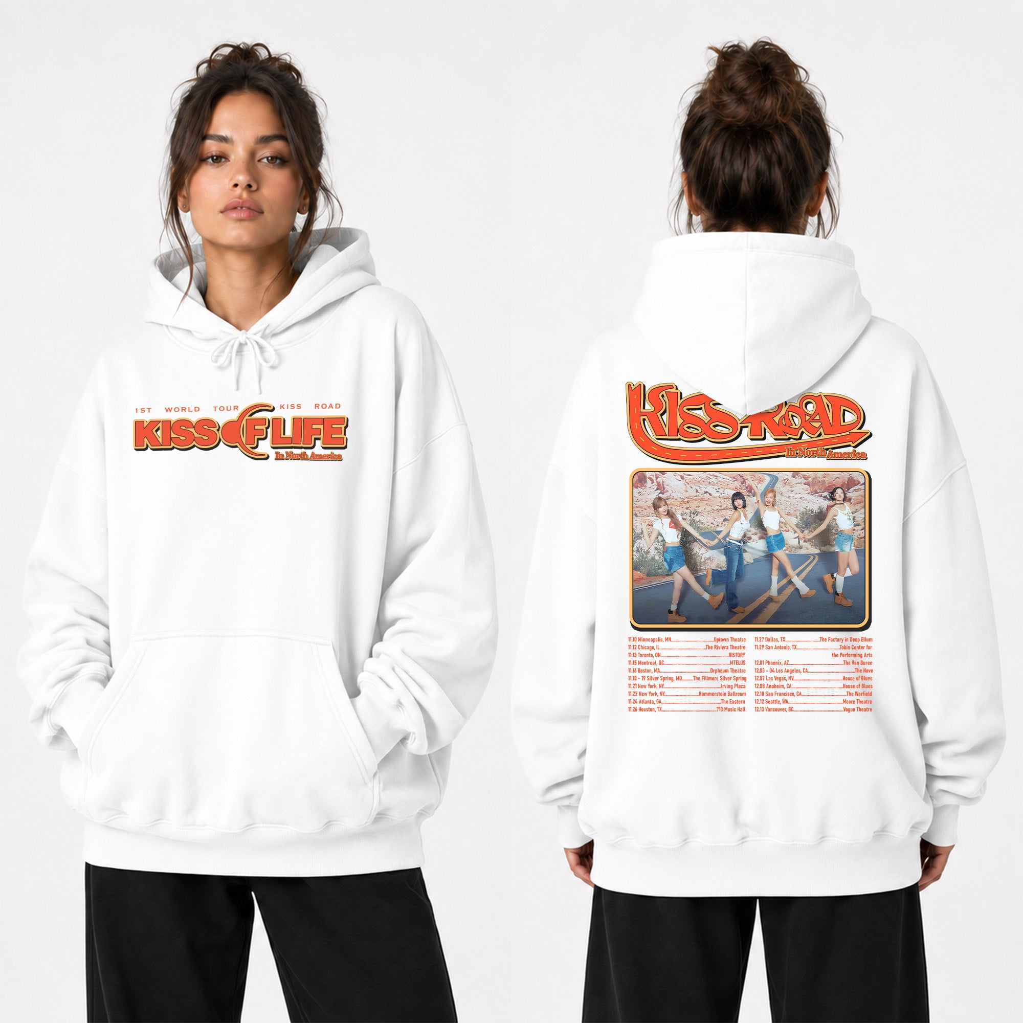 KISS OF LIFE World Tour Kiss Road In US Hoodie - Women view, Y2K kpop concert hoodie