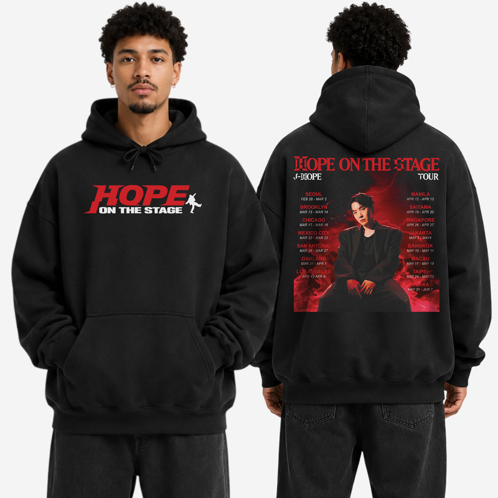 BTS J-Hope Retro Tour Hope On The Stage Hoodie - Men view, Y2K kpop concert hoodie