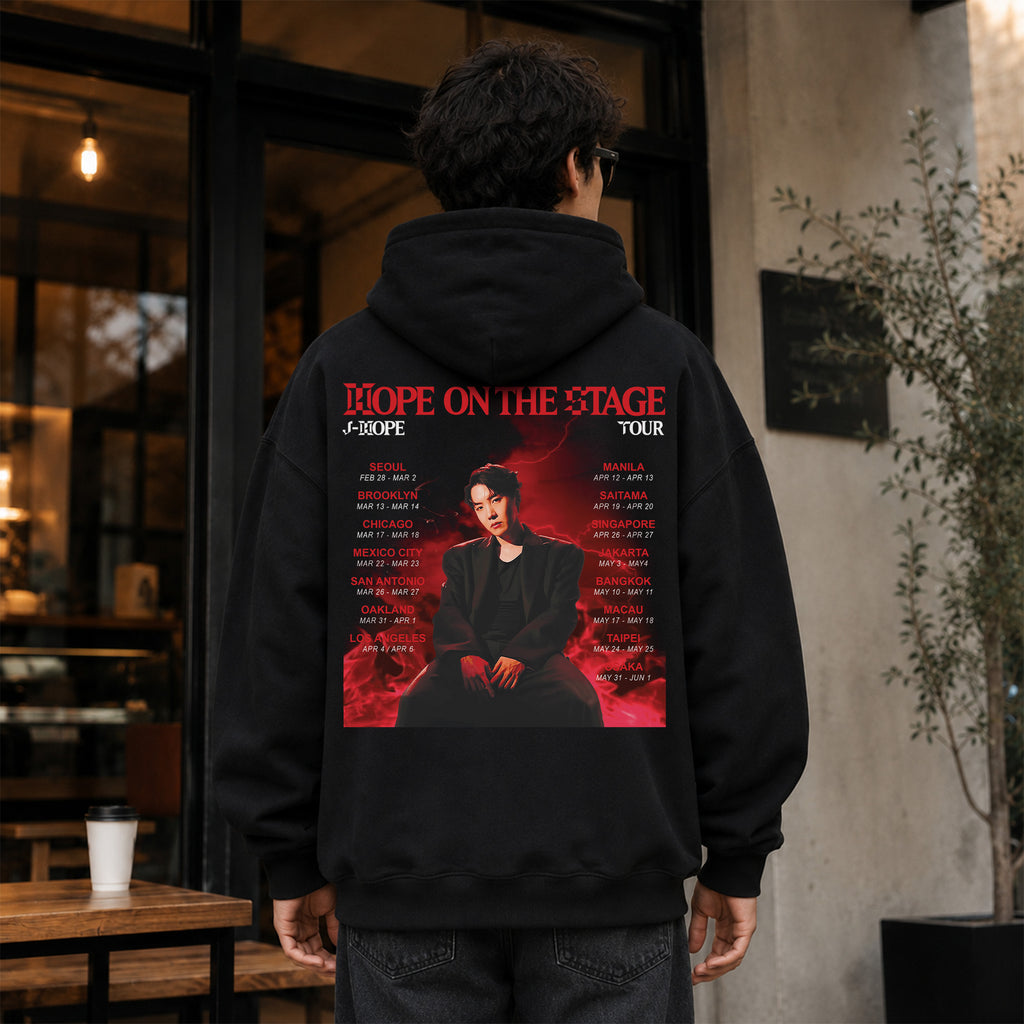 BTS J-Hope Retro Tour Hope On The Stage Hoodie - Men Back view, Y2K kpop concert hoodie