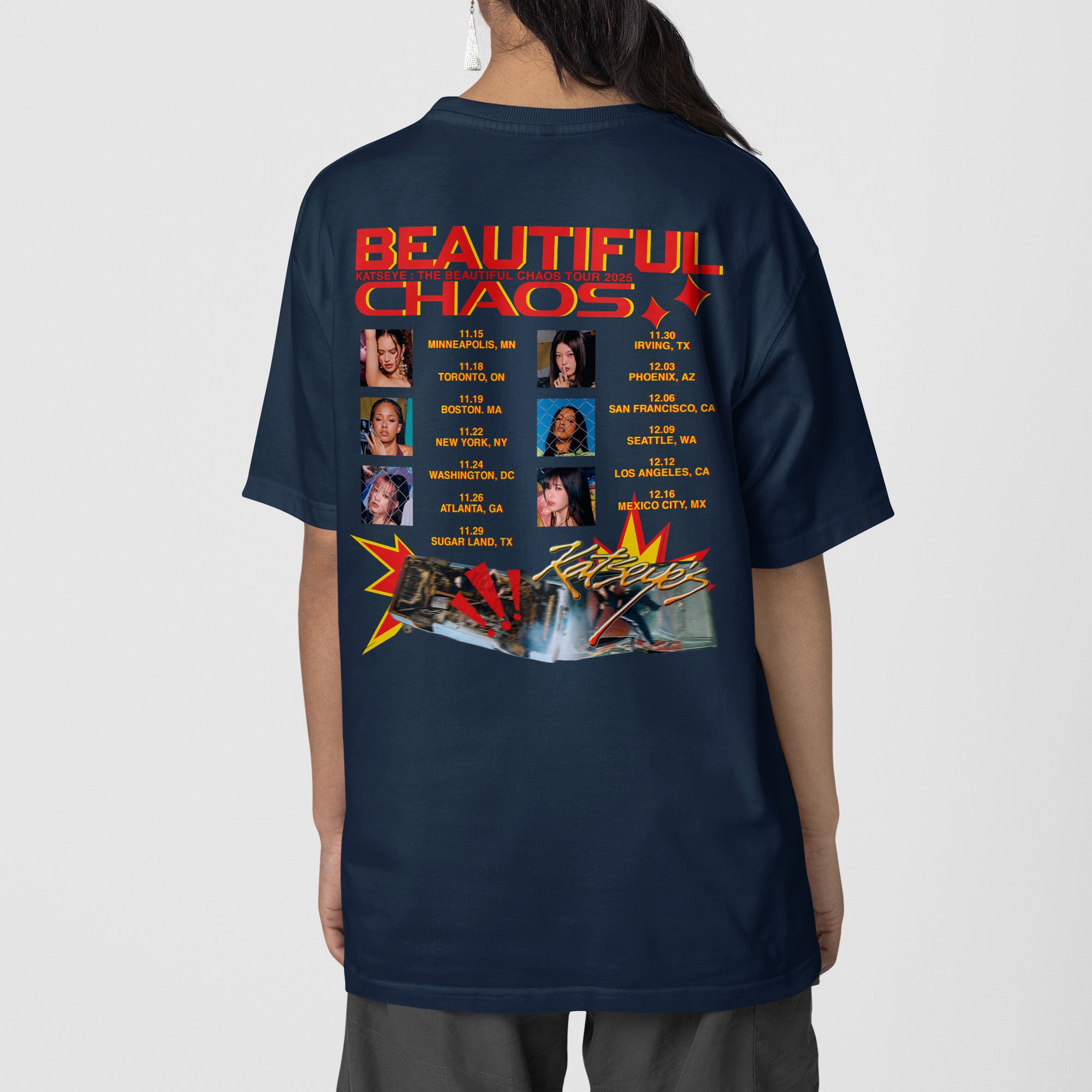 KATSEYE Retro Beautiful Chaos Tour Dates T-Shirt - Back view, Y2K kpop concert tee