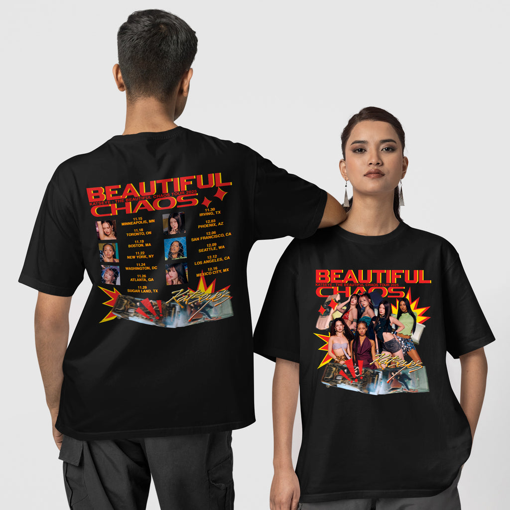 KATSEYE Retro Beautiful Chaos Tour Dates T-Shirt - Couple 1 view, Y2K kpop concert tee