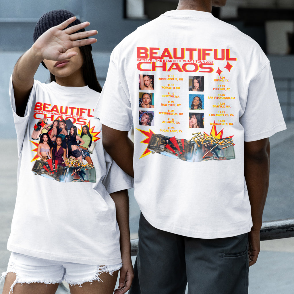 KATSEYE Retro Beautiful Chaos Tour Dates T-Shirt - Couple 2 view, Y2K kpop concert tee
