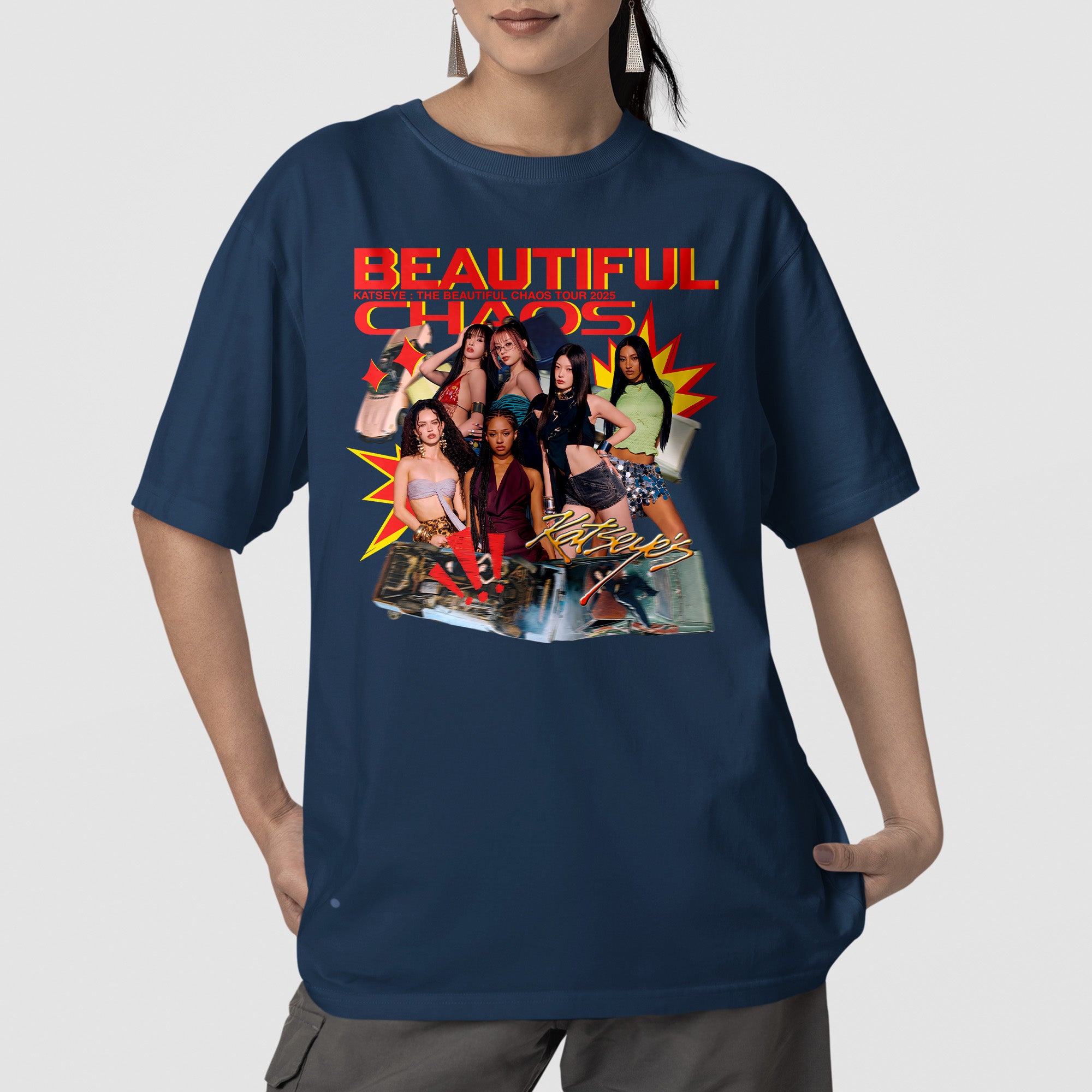 KATSEYE Retro Beautiful Chaos Tour Dates T-Shirt - Front view, Y2K kpop concert tee