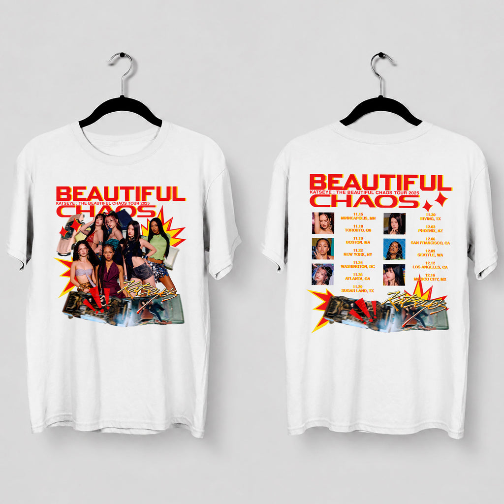 KATSEYE Retro Beautiful Chaos Tour Dates T-Shirt - Main view, Y2K kpop concert tee