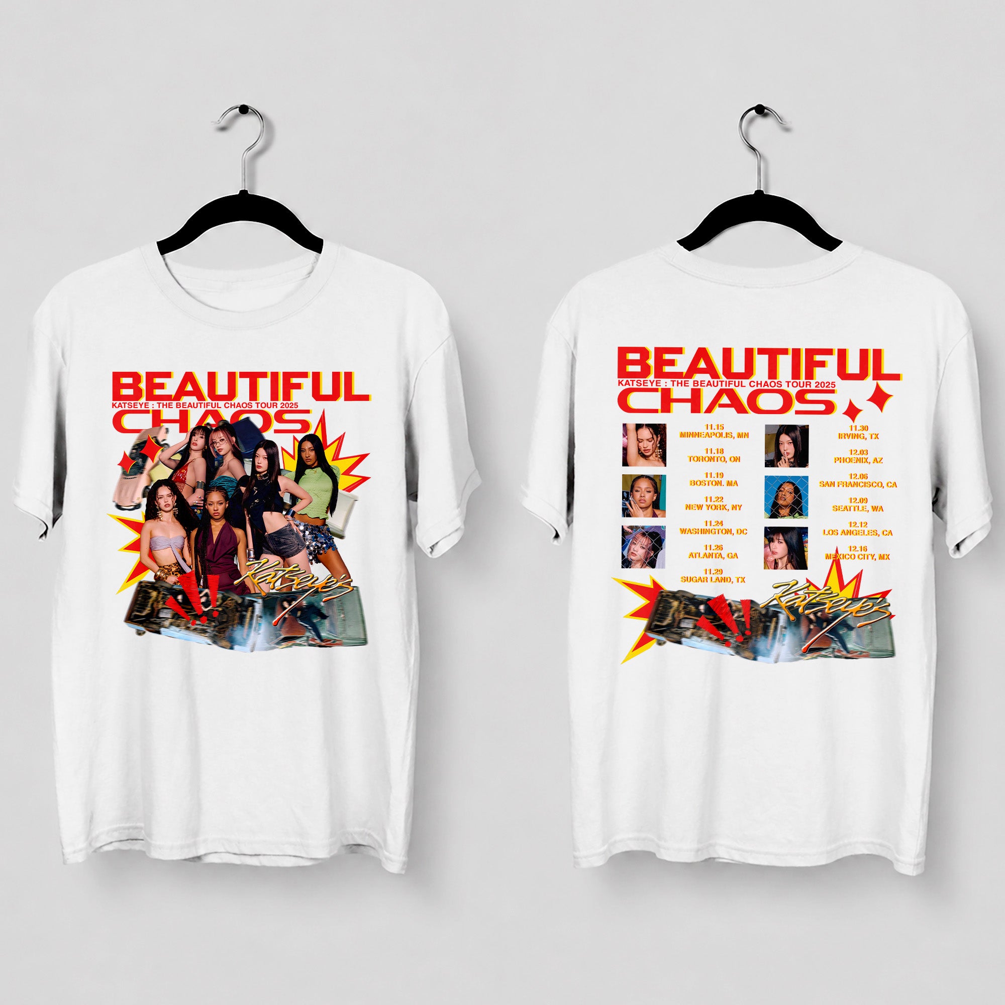 KATSEYE Retro Beautiful Chaos Tour Dates T-Shirt - Main view, Y2K kpop concert tee