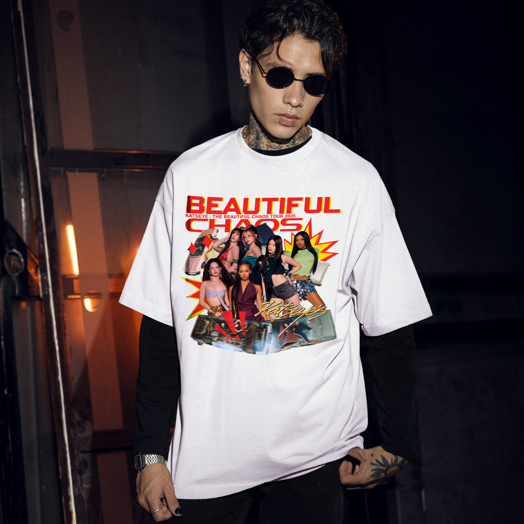 KATSEYE Retro Beautiful Chaos Tour Dates T-Shirt - Men Front view, Y2K kpop concert tee