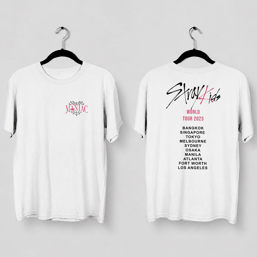 Stray Kids Maniac World Tour 2023 T-Shirt - Main view, Y2K kpop concert tee