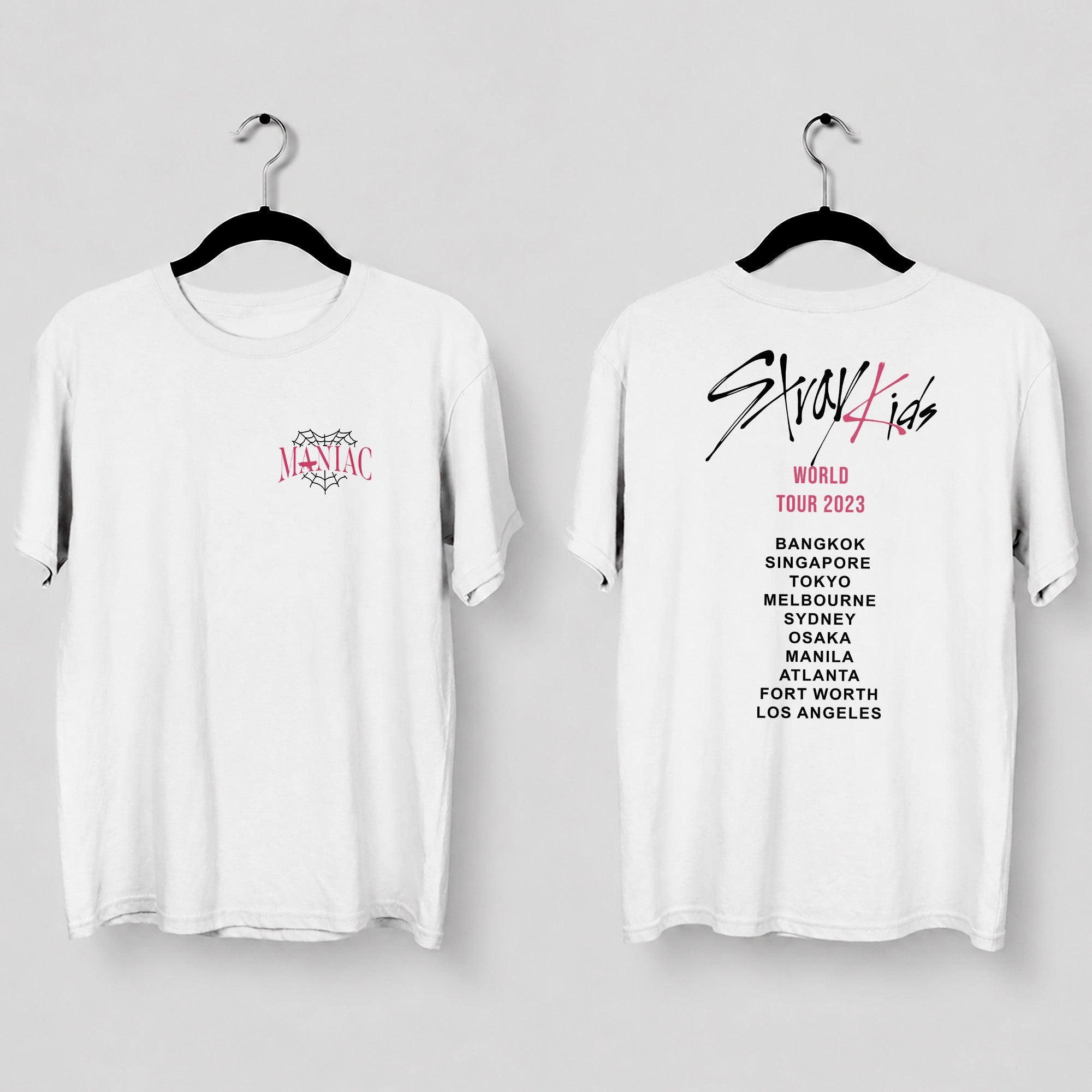 Stray Kids Maniac World Tour 2023 T-Shirt - Main view, Y2K kpop concert tee