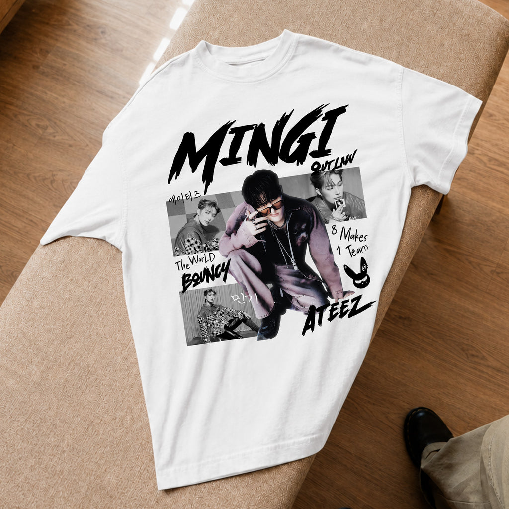 ATEEZ Graphic Mingi Member T-Shirt - Spread view, Y2K kpop concert tee