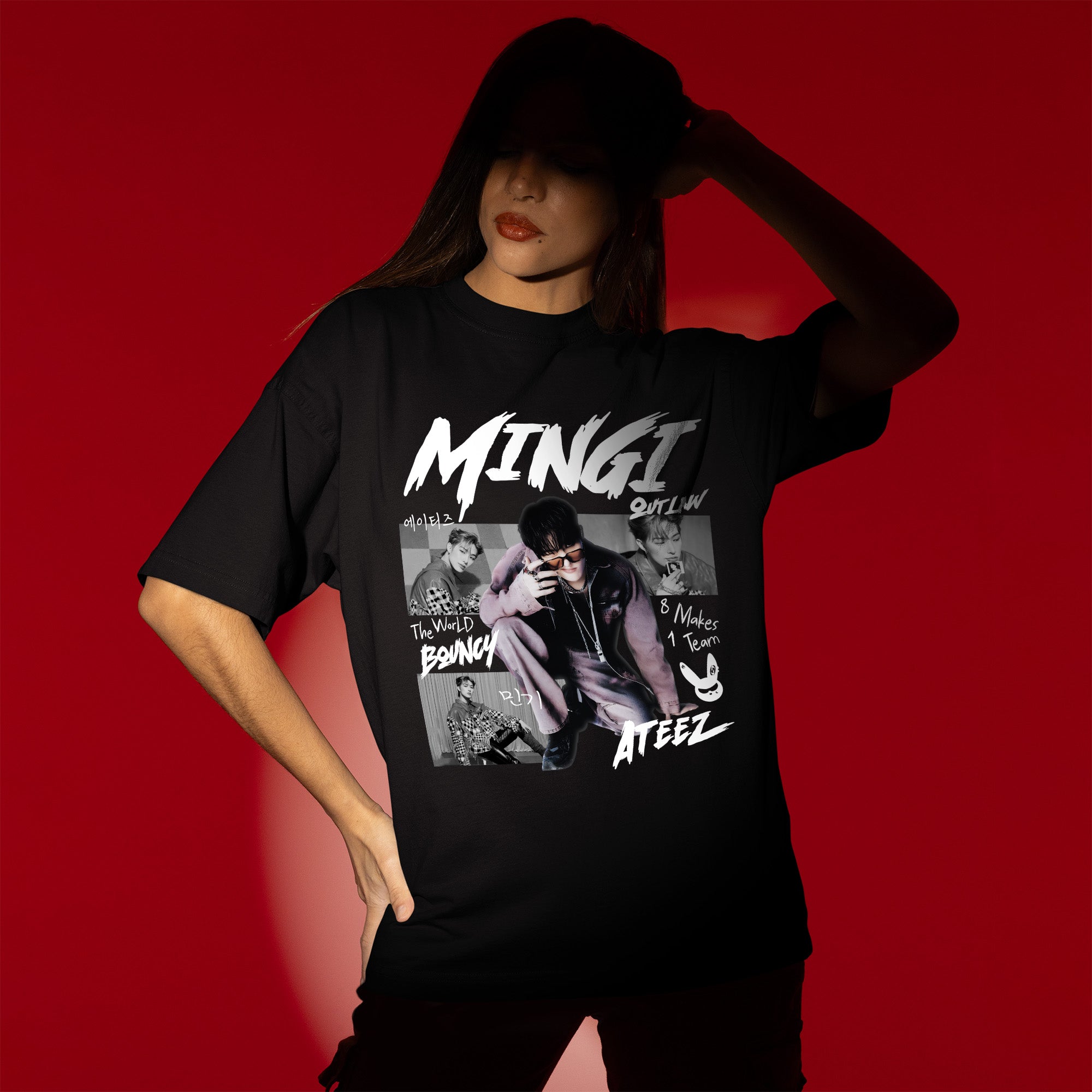 ATEEZ Graphic Mingi Member T-Shirt - Women view, Y2K kpop concert tee