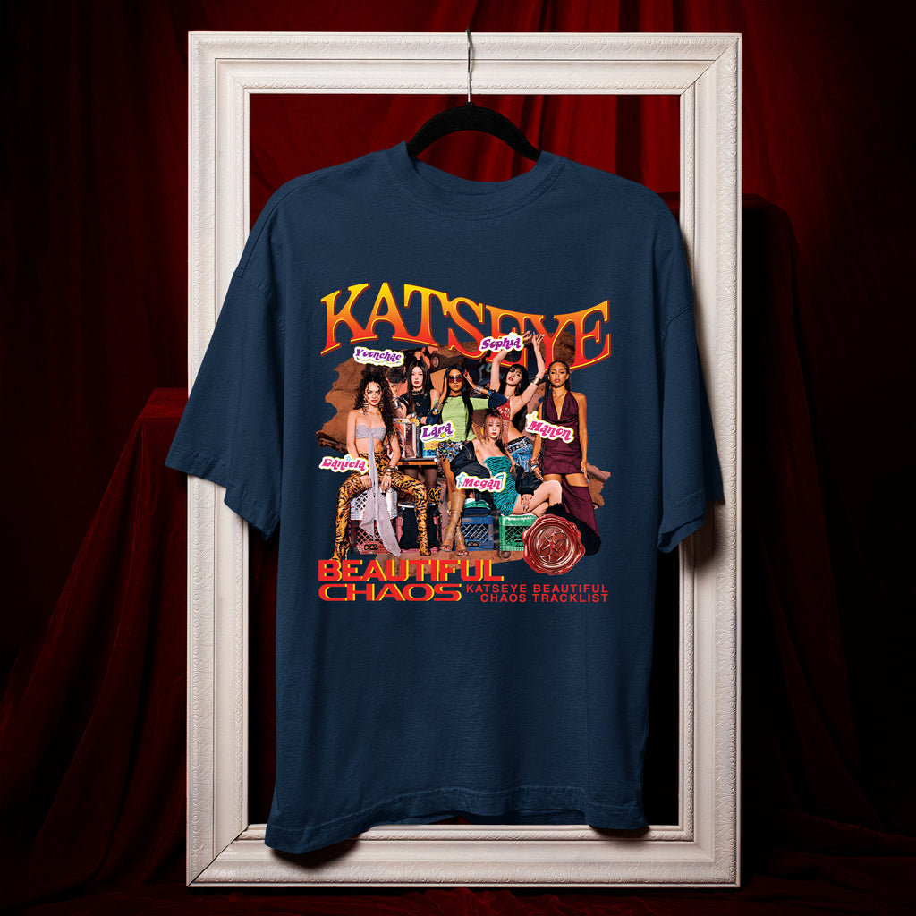 KATSEYE Beautiful Chaos Tracklist T-Shirt - Hang view, Y2K kpop concert tee