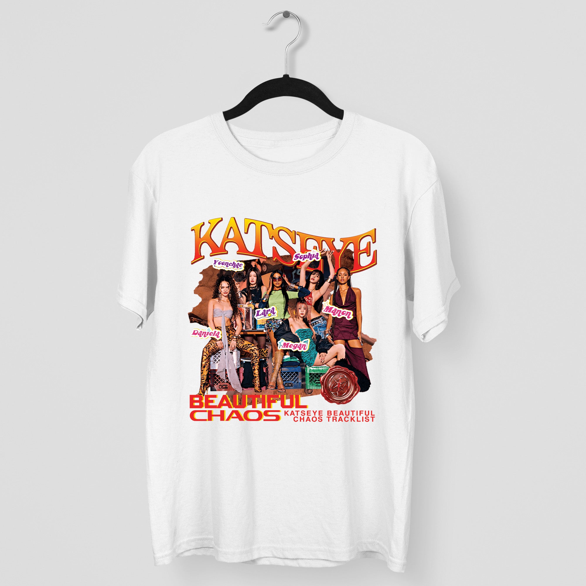 KATSEYE Beautiful Chaos Tracklist T-Shirt - Main view, Y2K kpop concert tee