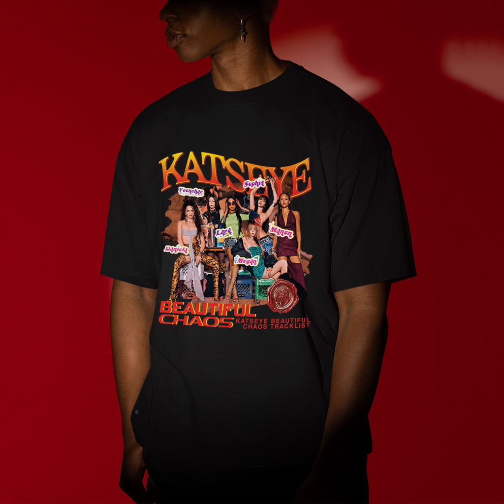 KATSEYE Beautiful Chaos Tracklist T-Shirt - Men view, Y2K kpop concert tee