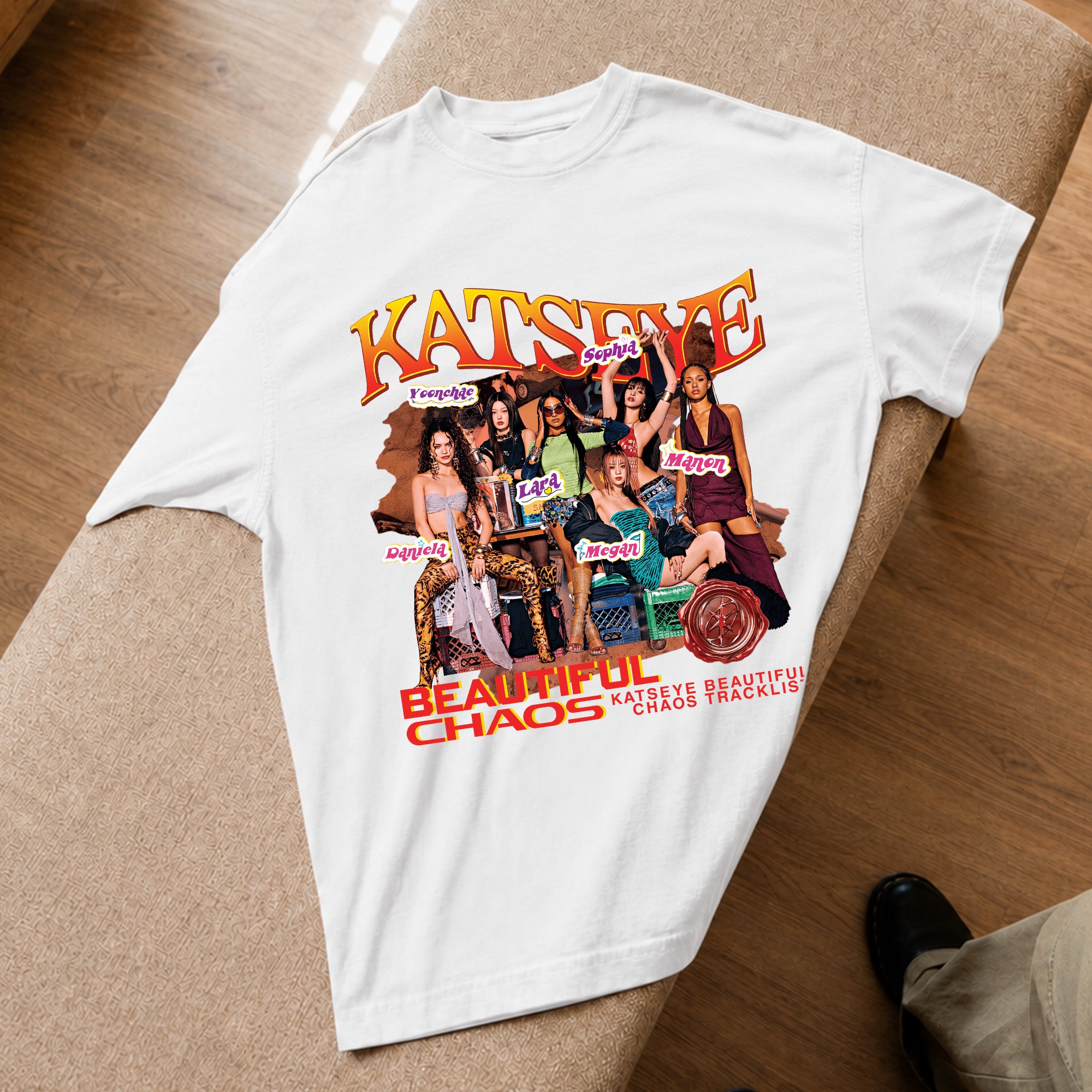 KATSEYE Beautiful Chaos Tracklist T-Shirt - Spread view, Y2K kpop concert tee