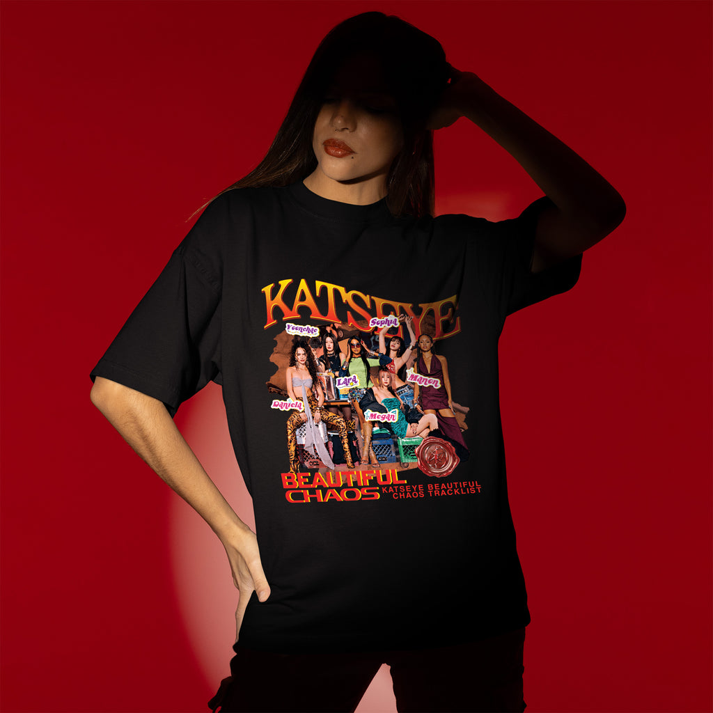 KATSEYE Beautiful Chaos Tracklist T-Shirt - Women view, Y2K kpop concert tee