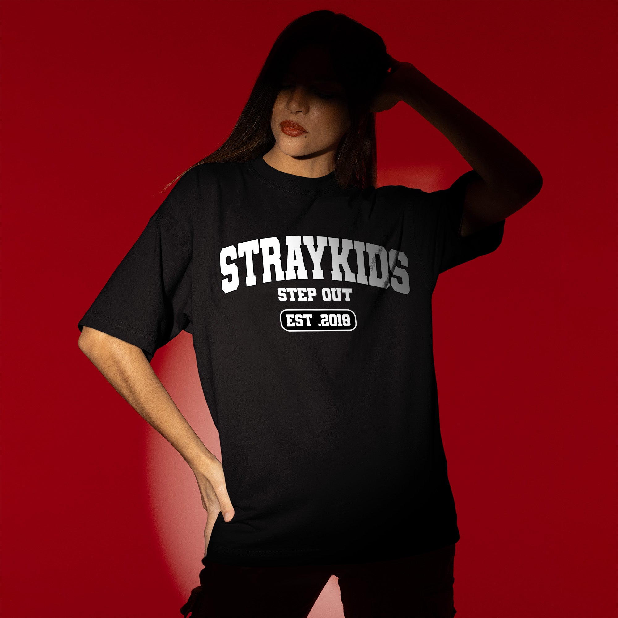 Stray Kids Step Out EST 2018 T-Shirt - Women view, Y2K kpop concert tee