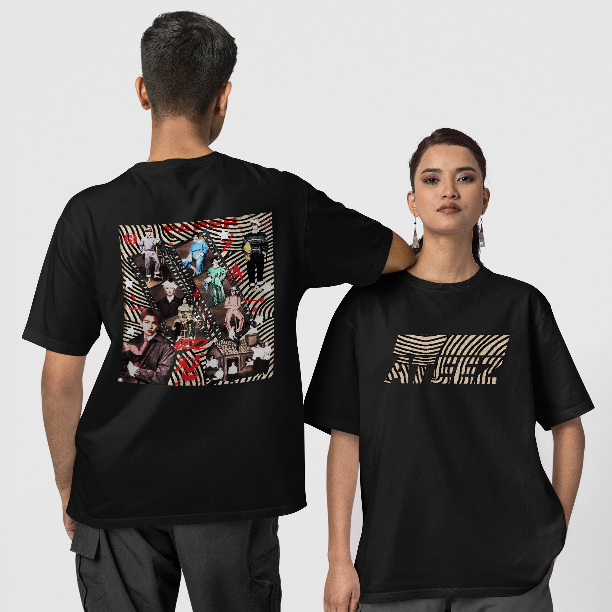 ATEEZ Striped Graphic T-Shirt - Couple 1 view, Y2K kpop concert tee