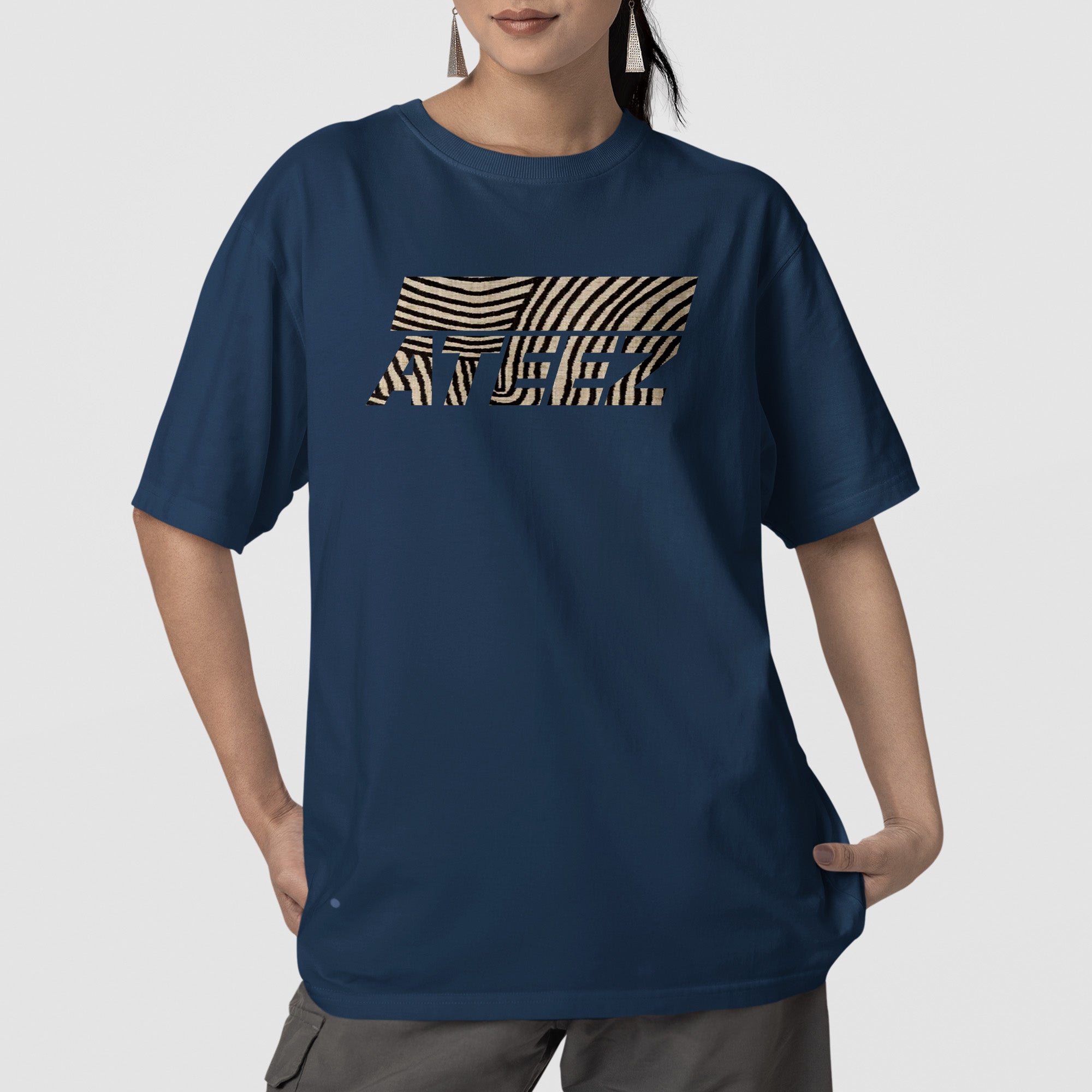 ATEEZ Striped Graphic T-Shirt - Front view, Y2K kpop concert tee